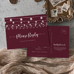 Rustic String Lights Burgundy Menu Choice RSVP  Postcard