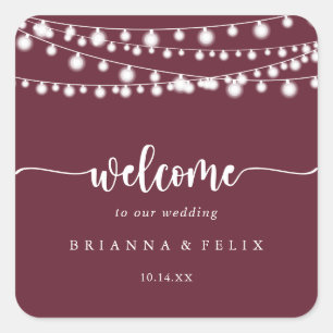 Rustic String Lights Burgundy Wedding Welcome   Square Sticker