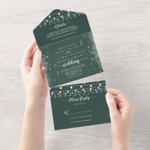 Rustic String Lights Calligraphy Green Wedding All In One Invitation