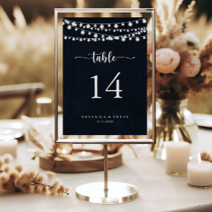 Rustic String Lights Calligraphy Wedding  Table Number