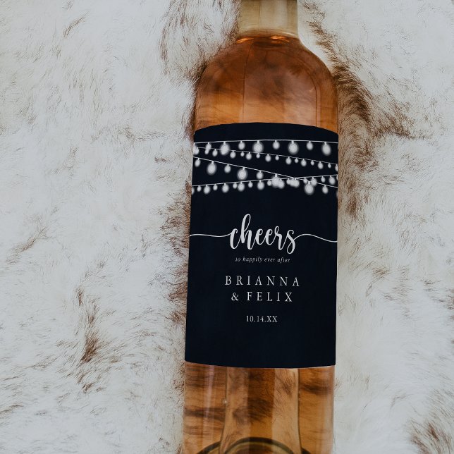 Rustic String Lights Cheers Wedding Wine Labels (Creator Uploaded)