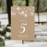 Rustic String Lights Double Sided Wedding Table Number<br><div class="desc">Affordable printed wedding table number cards with a simple DIY template for customisation. This rustic chic design features strands of glowing string lights and mason jars on a faux kraft paper background. Personalise each table number that you need and add each to your cart individually (note: adding a bulk number...</div>