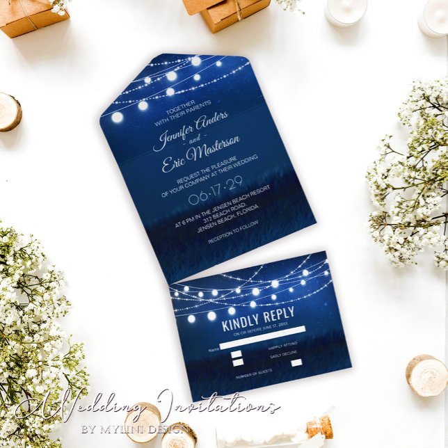 Rustic String Lights Dusty Blue Wedding Invitation (Creator Uploaded)