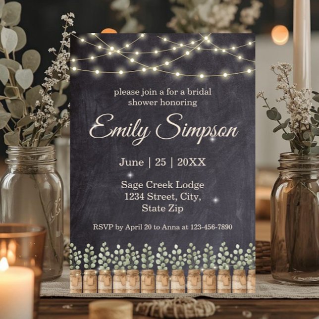 Rustic String Lights Eucalyptus Bridal Shower Invitation (Rustic eucalyptus bridal shower invitation with mason jars, string lights, and farmhouse charm.)