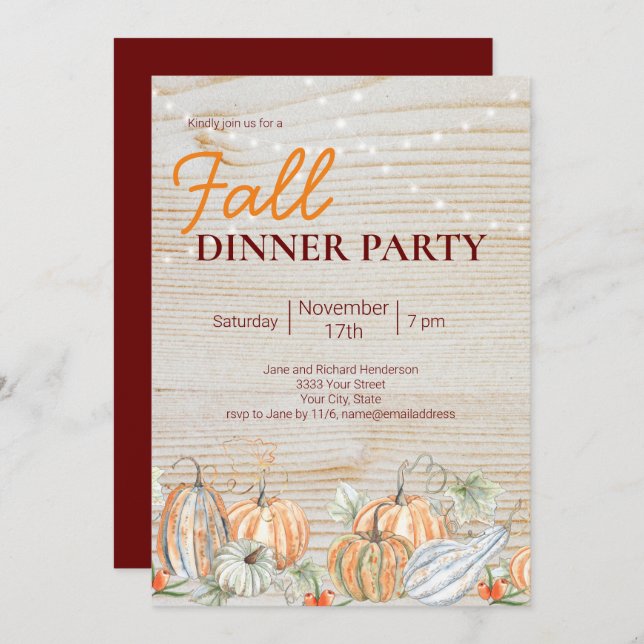 Rustic String Lights Fall Pumpkin Dinner Party Invitation (Front/Back)