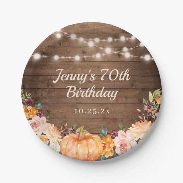 Rustic String Lights Fall Pumpkin Happy Birthday Paper Plate (Front)