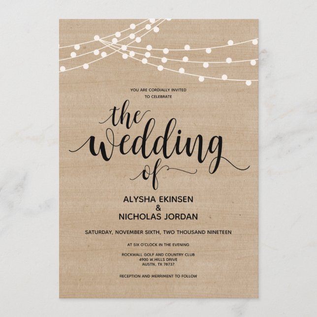 Rustic string lights farm Wedding Invitation Card (Front)