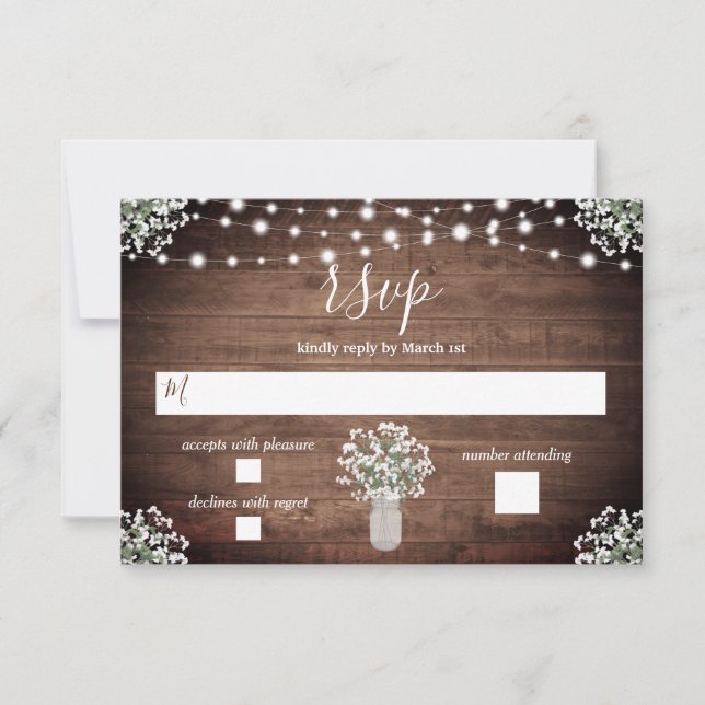 Rustic String Lights Floral Mason Jar Babys Breath RSVP Card (Front)