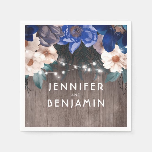 Rustic String Lights Floral Navy and Royal Blue Napkin (Front)