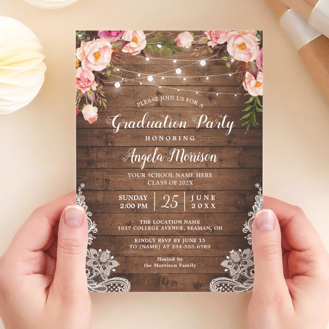 Rustic String Lights Floral Photo Graduation Party Invitation (Creator Uploaded)