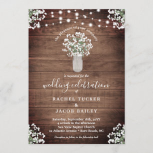 Rustic String Lights & Floral Vase of Babys Breath Invitation
