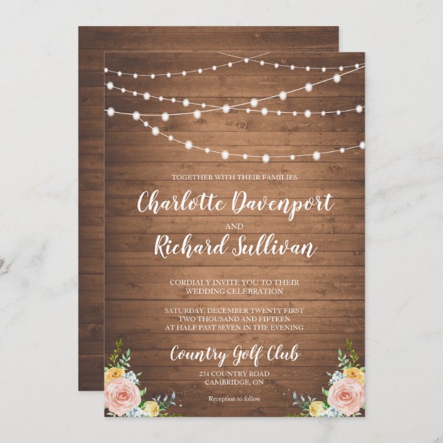 Rustic string lights floral wedding invitation (Front/Back)