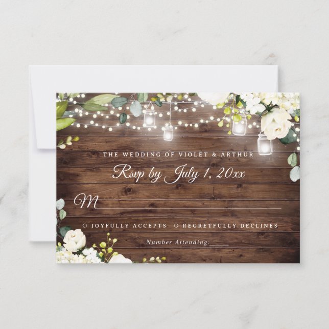 Rustic String Lights Floral Wedding RSVP Invitation (Front)