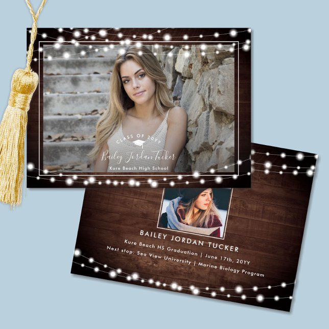 Rustic String Lights Grad Cap Photo Graduation Ann Announcement (Creator Uploaded)