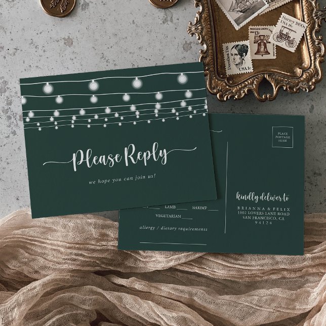 Rustic String Lights Green Menu Choice RSVP  Postcard (Creator Uploaded)
