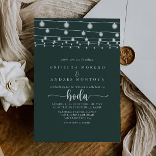 Rustic String Lights Green Spanish Wedding  Invitation