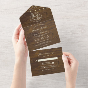 Rustic String Lights Happily Ever After Wedding All In One Invitation