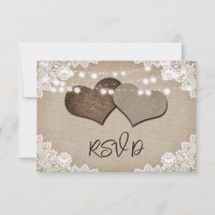 Rustic String Lights Lace Burlap Hearts Wedding RSVP Card