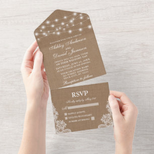Rustic String Lights Lace Burlap Wedding All In One Invitation