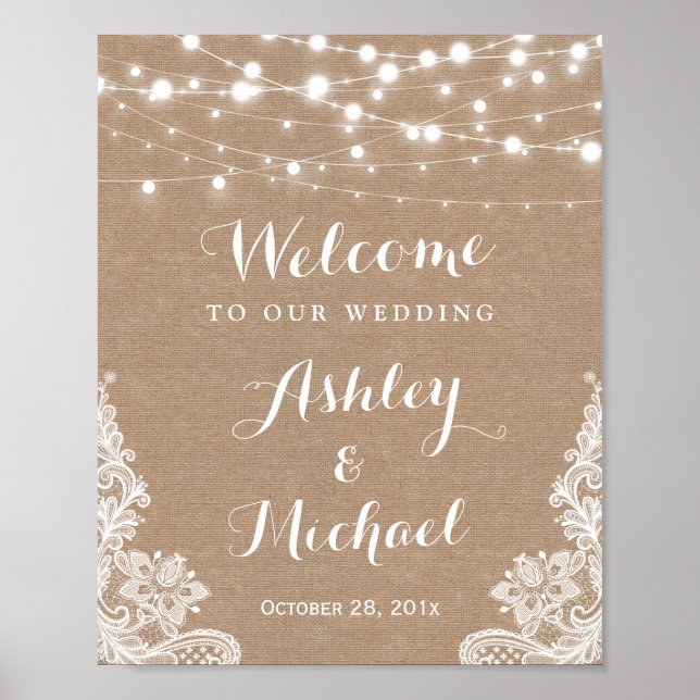 Rustic String Lights Lace Burlap Wedding Sign (Front)