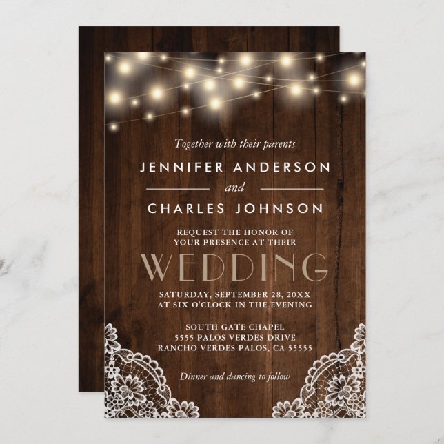 Rustic String Lights Lace Detail Wood Wedding Invitation (Front/Back)