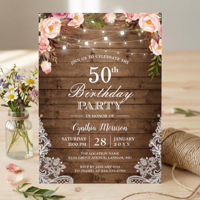 Rustic String Lights Lace Floral Birthday Party Invitation (Creator Uploaded)