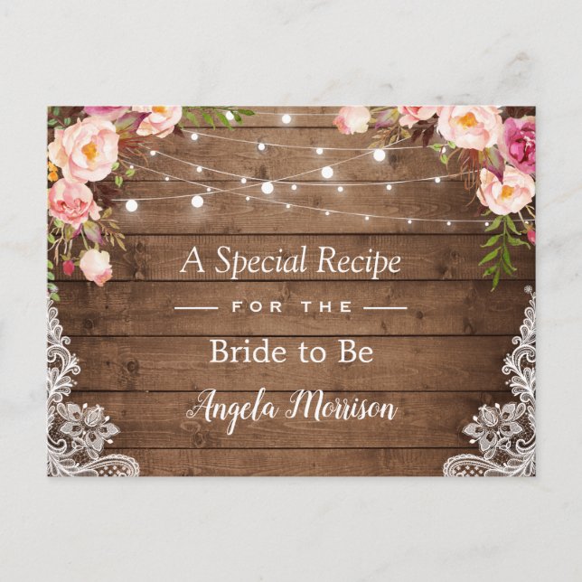 Rustic String Lights Lace Floral Bridal Recipe Postcard (Front)