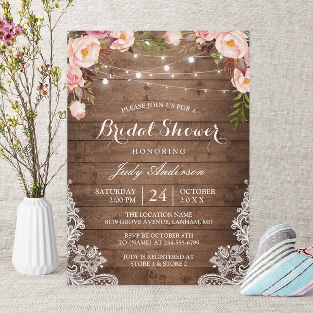 Rustic String Lights Lace Floral Bridal Shower Invitation (Creator Uploaded)