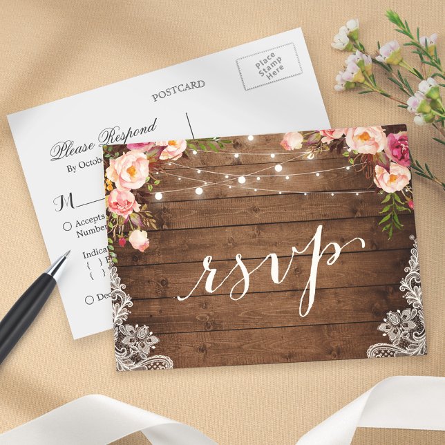 Rustic String Lights Lace Floral Farm Wedding RSVP Invitation Postcard (Creator Uploaded)