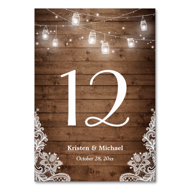 Rustic String Lights Lace Wedding Table Number (Front)