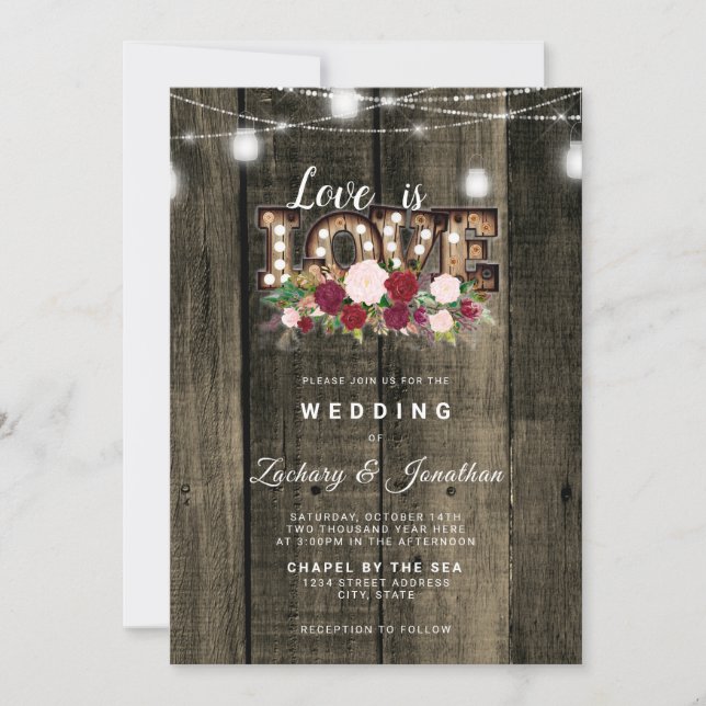 Rustic String Lights Love is Love Gay Wedding Invitation (Front)