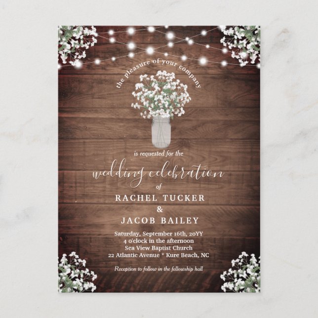 Rustic String Lights Mason Jar Budget Wedding Postcard (Front)