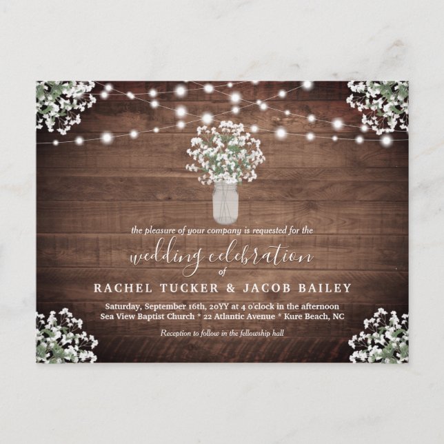 Rustic String Lights Mason Jar Budget Wedding Postcard (Front)