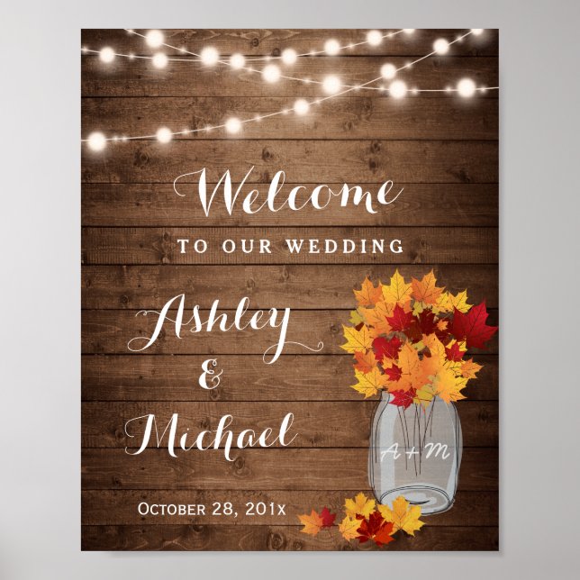 Rustic String Lights Mason Jar Fall Wedding Sign (Front)