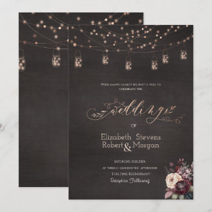 Rustic String Lights Mason Jar Roses Wedding  Invitation