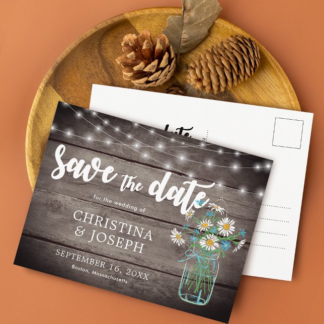 Rustic String Lights Mason Jar Save The Date Announcement Postcard (Rustic String Lights Mason Jar Save The Date Announcement Postcard)
