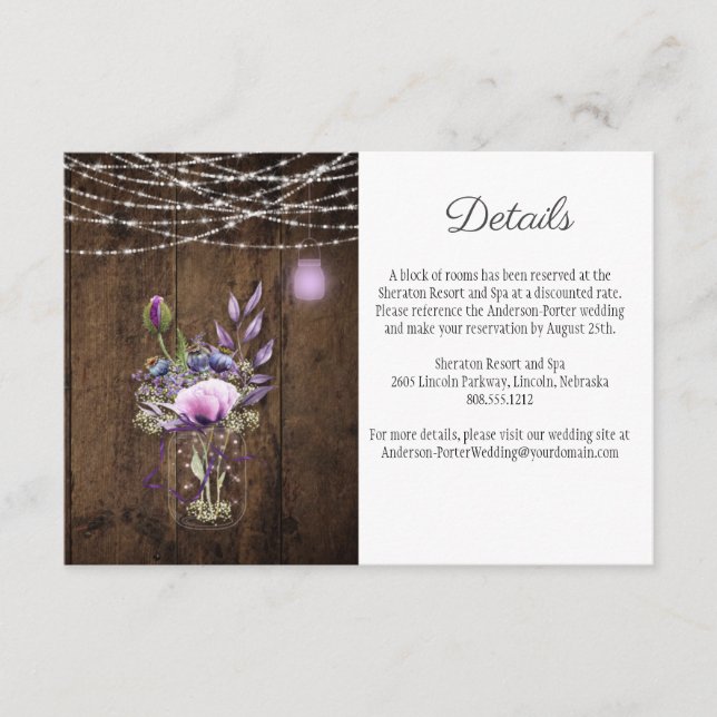 Rustic String Lights Mason Jar Violet Enclosure Card (Front)