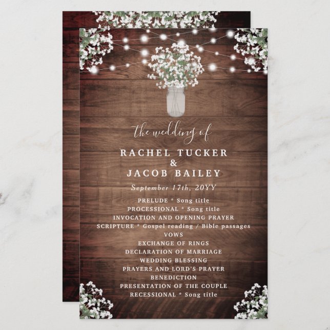Rustic String Lights Mason Jar Wedding Program (Front/Back)