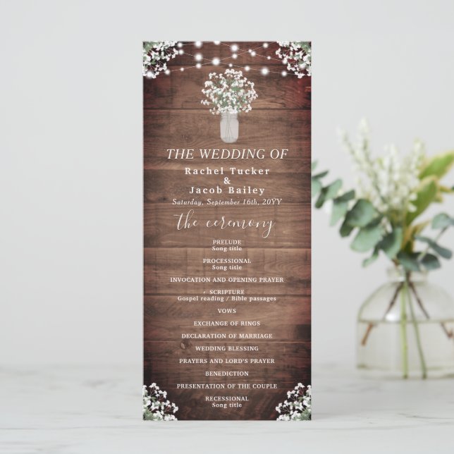 Rustic String Lights Mason Jar Wedding Programme (Standing Front)
