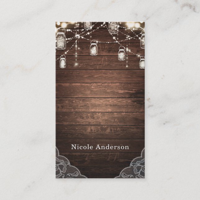 Rustic String Lights Mason Jars Lace Country Glam Business Card (Front)