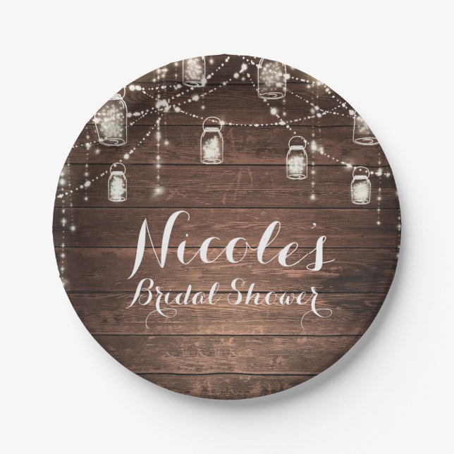 Rustic String Lights Mason Jars Lace Country Glam Paper Plate (Front)