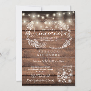 Rustic String Lights Mason Jars Quinceañera 15th Invitation