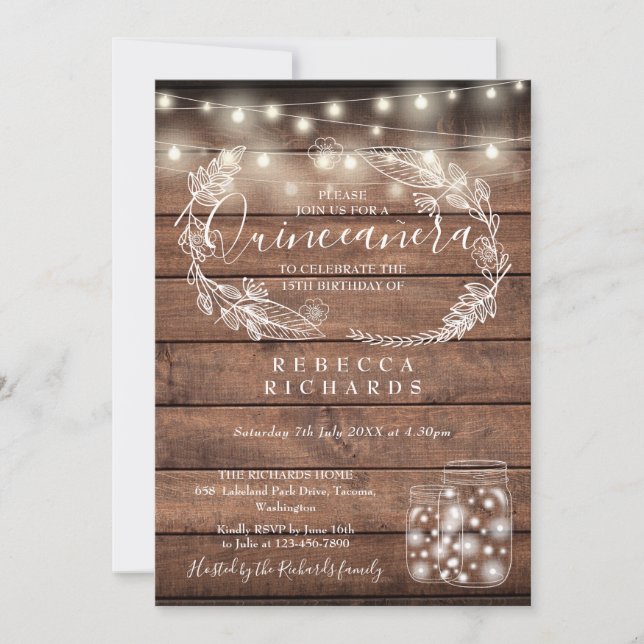 Rustic String Lights Mason Jars Quinceañera 15th Invitation (Front)