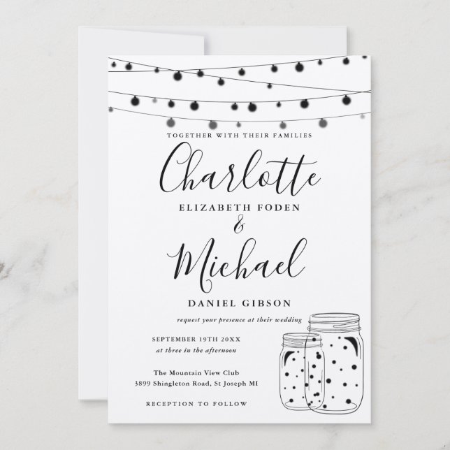Rustic String Lights Mason Jars Wedding Invitation (Front)