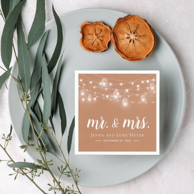 Rustic String Lights Mr. and Mrs. Wedding Monogram Napkin (Creator Uploaded)