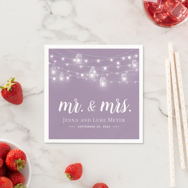 Rustic String Lights Mr. and Mrs. Wedding Monogram Napkin (Insitu)