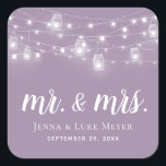 Rustic String Lights Mr. and Mrs. Wedding Monogram Square Sticker<br><div class="desc">Custom printed stickers personalised with your Mr. and Mrs. monogram and wedding date, perfect for wedding favour labels, welcome bags or envelope seals with your invitations. The design features glowing string lights and mason jars on a dusty purple background. Use the design tools to choose any background colour, change the...</div>