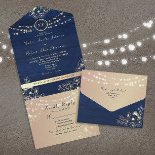 Rustic String Lights Navy Blue Wedding All In One Invitation