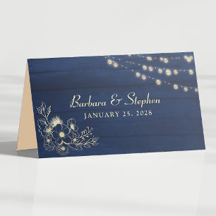 Rustic String Lights Navy Blue Wedding Place Card