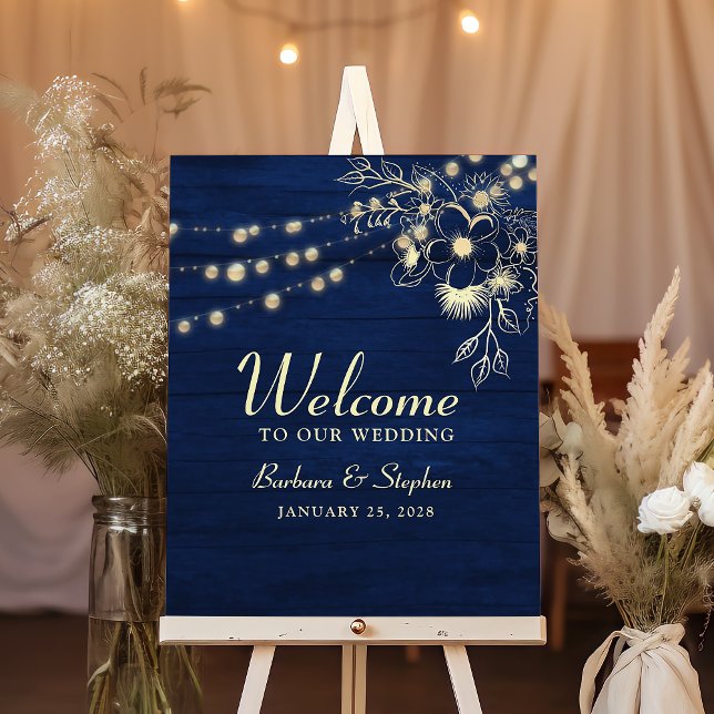 Rustic String Lights Navy Blue Wedding Welcome Poster (Creator Uploaded)